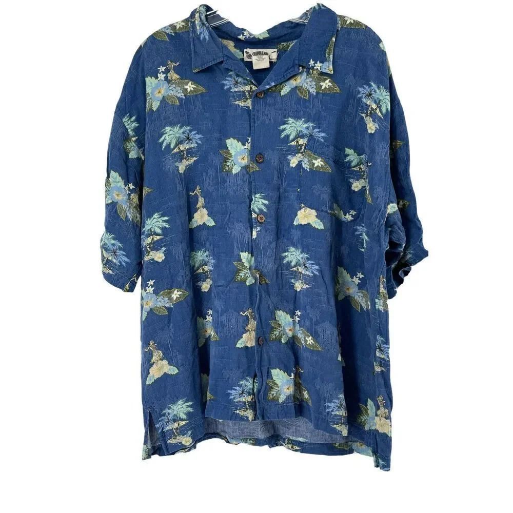 Hawaiian Tropic Shirt Hula Girl Aloha Blue Mens XXL Short Sleeve Wood Buttons
